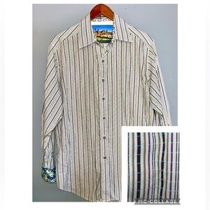 Robert Graham Purple Turquoise Lime Green Striped Button Front Casual Shirt Lg